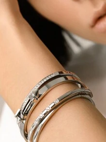 3pcs Silver Punk Hiphop Exaggerated Spike Stainless Steel Bangle Bracelet Set, Inlaid Artificial Zirconia Crystals, Suitable For Women Daily Wear, Gift