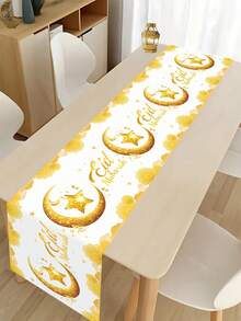 1 pièce, Chemin de table Eid Mubarak, 180*35 cm, coureur de table en polyester motif étoile et lune dorée blanche pour Ramadan Kareem, décoration de table de cuisine à la maison, fournitures de fête islamique, décoration de maison de fête - Multicolore - Voir 2