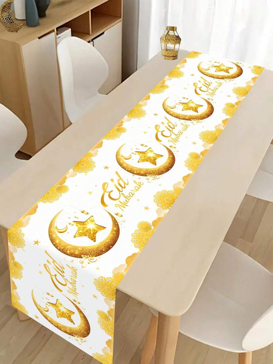 1 pièce, Chemin de table Eid Mubarak, 180*35 cm, coureur de table en polyester motif étoile et lune dorée blanche pour Ramadan Kareem, décoration de table de cuisine à la maison, fournitures de fête islamique, décoration de maison de fête