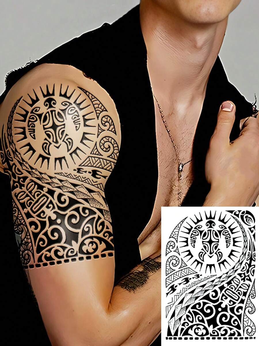 1 张大尺寸人体艺术临时纹身贴纸，适合女性或男性，复古图腾风格，黑色力量漩涡图腾图案，防水假纹身，持续 2-5 天，遮盖疤痕，可用于手臂手腕肩膀腿腰颈手胸部大腿手指脚踝，适用于派对、礼物、度假、身体装饰 - 黑色 - 查看 1