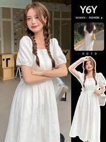 White Sweet Casual Jacquard Square Collar Puff Sleeve Drawstring Adjustable Waist Mid-Length Dress, Summer