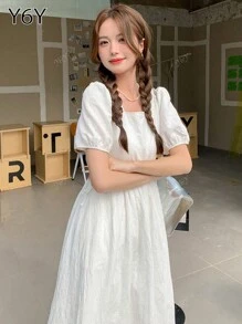 White Sweet Casual Jacquard Square Collar Puff Sleeve Drawstring Adjustable Waist Mid-Length Dress, Summer