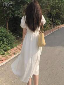 White Sweet Casual Jacquard Square Collar Puff Sleeve Drawstring Adjustable Waist Mid-Length Dress, Summer
