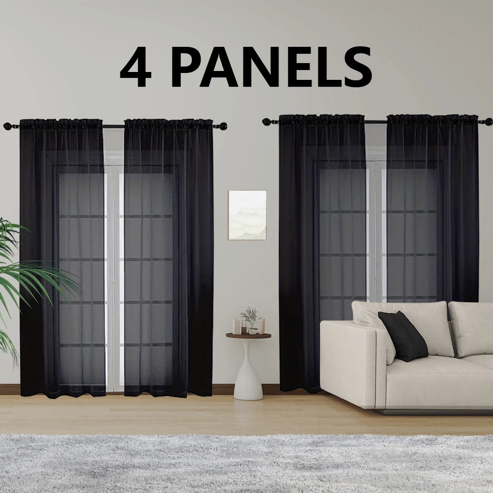 4-Piece Set Of Solid Color White Gauze Curtains, Hanging From The Top Through A Pole, White Curtains With Hazy Filtering And Dreamy Light Transmission For Room Partitions, Suitable For Living Rooms, Bedrooms, Study Rooms, And Balcony Partitions - màu đen - Xem 1