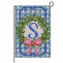 1pc, Chinoiserie Garden Flag, Name Initial Flags, Chinoiserie & Bow Flags, Boxwood Wreath, Yard Family Last Name Flag, 12x18 Inches, Perfect For Thanksgiving, Christmas, And New Year Outdoor Decorations, Home And Scene Decor, No Flagpole Included