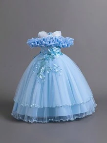 Tween Girls Sequin & Faux Pearl Applique Tulle Puff Party Princess Dress, Suitable For Birthday Celebration, Prom, Faux Pearl Decor, No Headband Included - Baby Blue - View 4