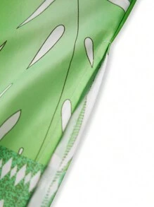 Women Plus Size Dress Leaves Print Tie-Up Front Strapless Tube Dress Summer Casual Long Dress - Green - View 7