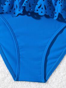 Tween Girl Hollow Out Ruffled Trim Bikini Swimwear - Blue - View 4