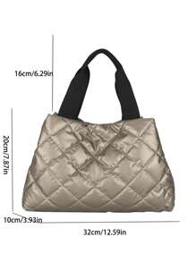 Large Capacity Solid Color Commuter Tote Bag, New Design Textured Plaid Handbag For College Students, Shoulder Bag With Embroidered Plaid