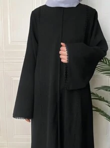 Lace Trim Crew Neck Kaftan Dress, Elegant Long Sleeve MinimalistLoose Fit Maxi Dress, Women's Clothing - Black - View 2