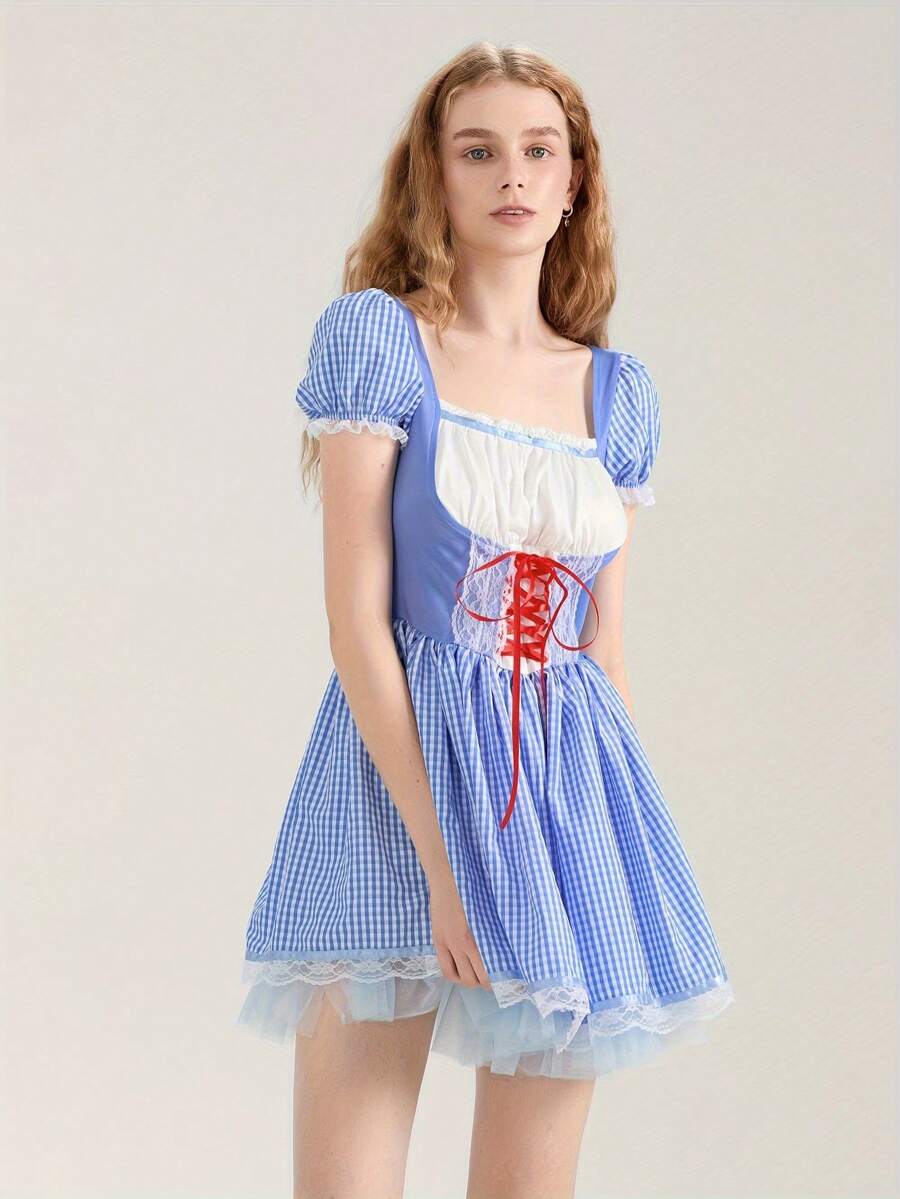 Women Cosplay Dress, Short Sleeve Square Neck Lace Patchwork Plaid Mini Dress Halloween A-Line Dress
