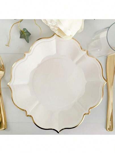10Pcs/30Pcs-Pack White Paper Party Plates With Golden Foil Scalloped Edging For Birthday Wedding (9 Inches)