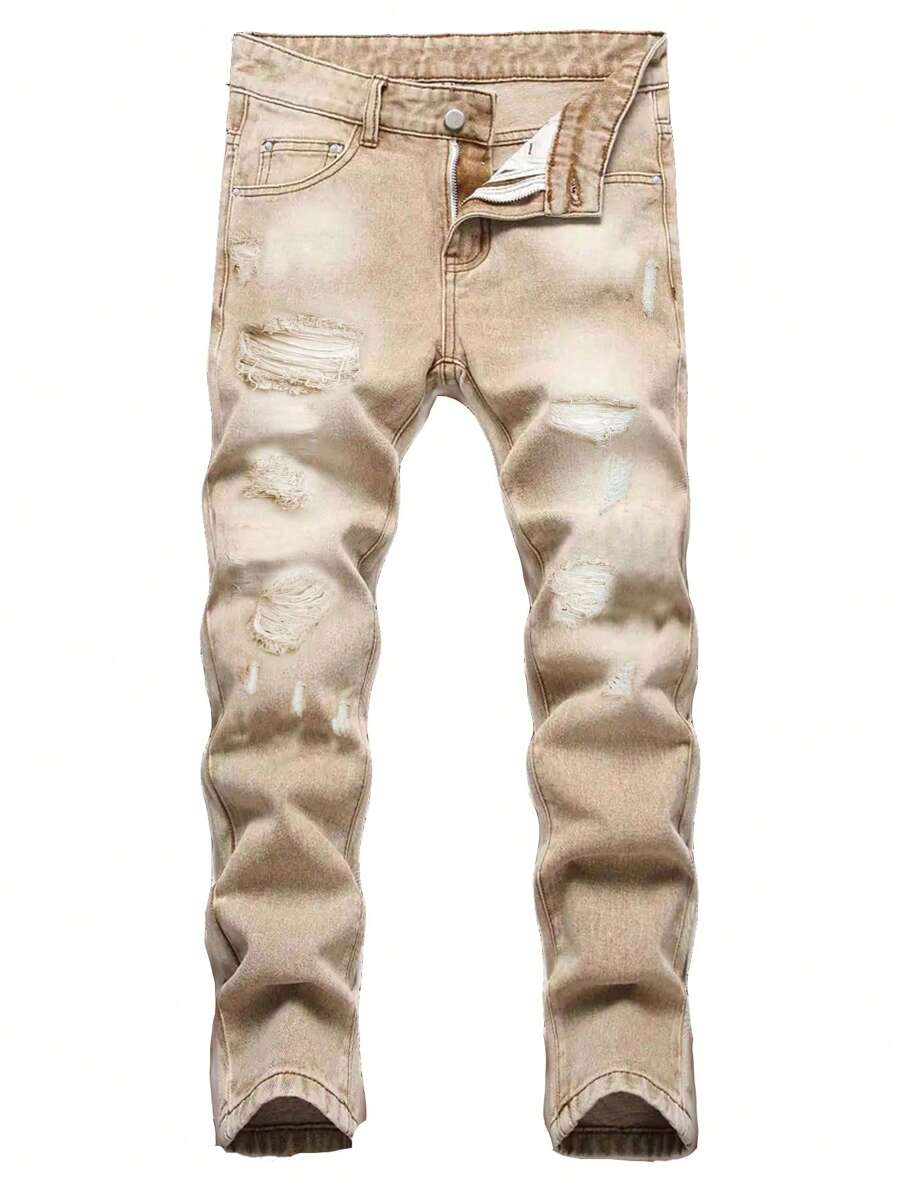 Teen Boy Distressed Khaki Jeans Street Style - Khaki - View 1