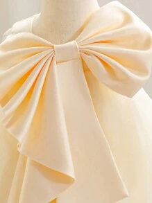Baby Girls' Champagne Bow Christmas Party Dress, Elegant Princess Tulle Gown, Suitable For 1st Birthday, Wedding, Banquet, Holiday Celebration