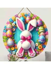 7.87 英寸木制复活节兔子复活节彩蛋前门悬挂木牌农舍墙壁门廊壁炉家居装饰 - 圓形兔子木牌 - 查看 5