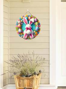 7.87 英寸木制复活节兔子复活节彩蛋前门悬挂木牌农舍墙壁门廊壁炉家居装饰 - 圓形兔子木牌 - 查看 1