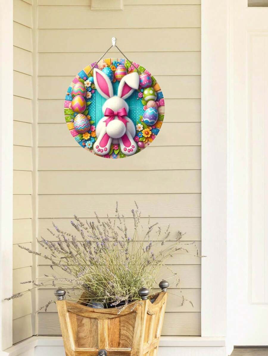 7.87 英寸木制复活节兔子复活节彩蛋前门悬挂木牌农舍墙壁门廊壁炉家居装饰 - 圓形兔子木牌 - 查看 1