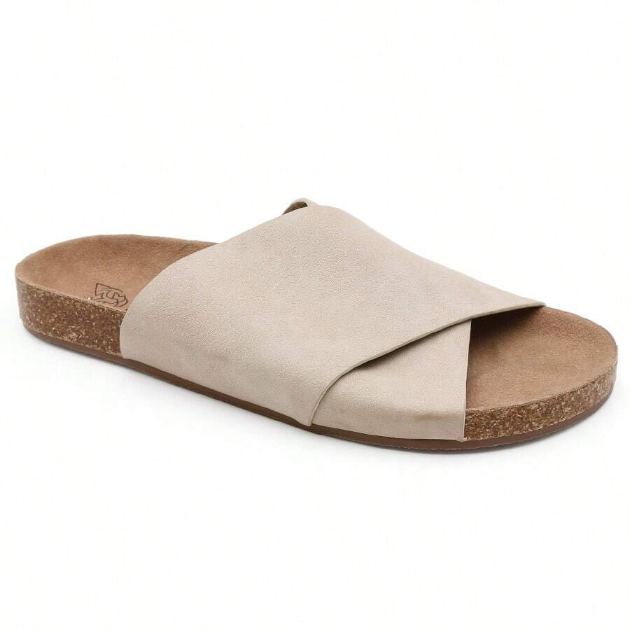 Women's Cork Footbed Slide Comfortable Cross-Strap Flat Casual Sandals - 沙色 - 查看 1