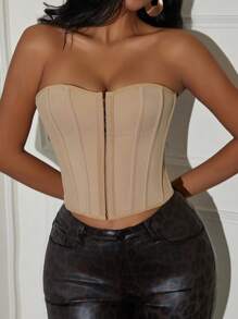 Yuwenier 复古钩扣式无肩带露脐胸衣上衣，带钢骨支撑，后背系带，露脐 - 卡其色 - 查看 6