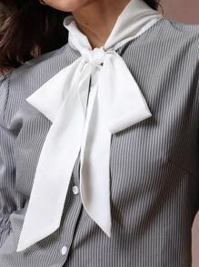 Women Striped Tie Collar Bow Short Sleeve Casual Shirt, Office/Work Wear, Spring - Grey - View 8