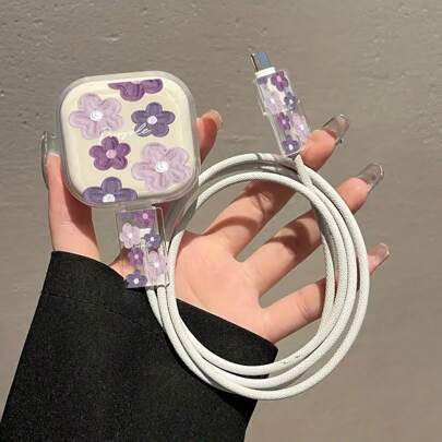 3件套紫色花卉图案苹果数据线保护套，适用于20W英规充电器，防止数据线断裂