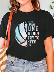 2025 Funny Volleyball Design Girls Women Youth Teen Sports Lovers T-Shirt Print Crew Neck T-Shirt For Summer, Women's Soft Short Sleeve Top, Stylish Comfy Tee For Women Graphic Tees - màu đen - Xem 1