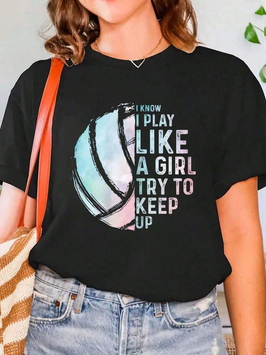 2025 Funny Volleyball Design Girls Women Youth Teen Sports Lovers T-Shirt Print Crew Neck T-Shirt For Summer, Women's Soft Short Sleeve Top, Stylish Comfy Tee For Women Graphic Tees - màu đen - Xem 1