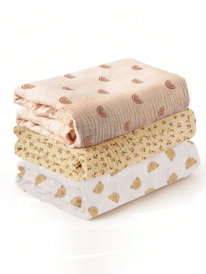 3pcs Multicolor Muslin Baby Swaddle Wraps, Stroller Windshield Covers, Baby Receiving Blankets