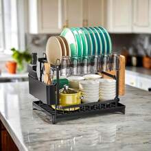 Double Layer Dish Drainer, Multifunction Dish Drainer, Kitchen Rack, Draining Sink, Bowls, Chopsticks, Cups & Plates & Knives Storage Rack Holder, Carbon Steel, Large Capacity, Thickened, 2025 Upgraded