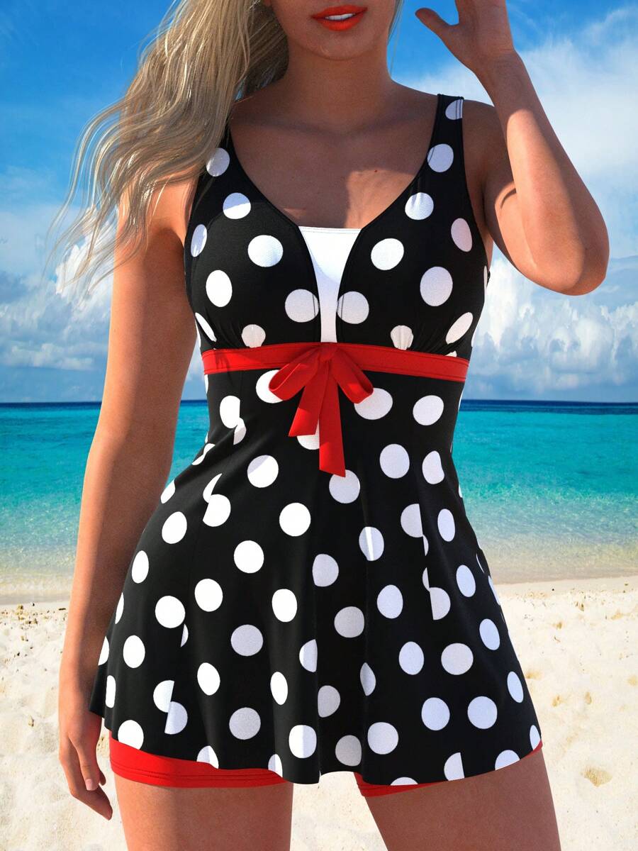 1pc AGUACUBE Women'S Polka Dot Print Tankini Set, Off The Shoulder Sleeveless Swimsuit With High Stretch Polyester And Spandex Fabric, Knit Swimwear With Boyshorts Bottoms For Beachwear - 紅色 - 查看 1