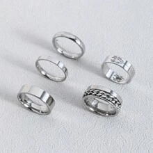 5pcs/Set Minimalist Stainless Steel Spider Roman Numerals Chains Decorative Ring Set Suitable For Man Daily Use And Fashionable Jewelry Gifts Summer Vacation Jewelry