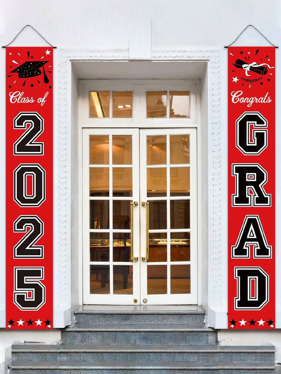 1 par de díptico de pilar de graduación con tema, bandera de puerta roja, díptico de puerta de graduación, pancarta colgante de felicitaciones de graduación, decoración colgante de puerta de clase de 2025 felicitaciones, decoración de fiesta de graduación, suministros de decoración del hogar de temporada de graduación - Rojo - Ver 1