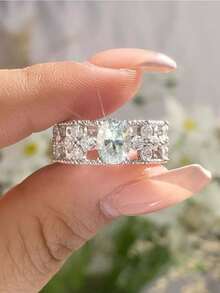 1 Nhẫn Rộng Mạ Bạc Đính Nhẫn Manhua Moissanite Hình Bầu Dục 1ct Lấp Lánh, Nhẫn Trang Sức Unisex Thời Trang Và Sang Trọng Thích Hợp Cho Phụ Nữ Đeo Hàng Ngày - vòng hoa khuếch tán 1ct - Xem 5