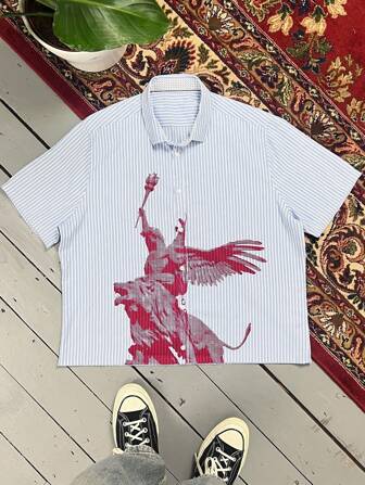 夏季男士短袖条纹印花 Polo 领休闲衬衫