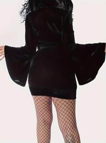 Women's Halloween Cosplay Witch Costume, Halloween Party Witch Cosplay Costume, Hooded Long Sleeve Witch Dress - Black - View 2
