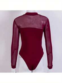 Women Long Sleeves Bodysuit, See Through Patchwork Jumpsuit, Sexy Mesh Leotard Blouse