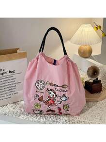 1pc New Casual Nylon Embroidered Pattern Large Capacity Foldable Shoulder Tote Bag, Suitable For Commuting, Party, Beach - Multicolor - View 2