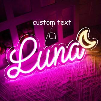 Enseigne au néon personnalisée avec texte de lune, lumière LED de nom personnalisée pour chambre d'enfant, décoration unique pour fête d'anniversaire, convient pour chambre, rassemblement, salon, bar, club, salle de jeux, décor de fond de fête, cadeau d'anniversaire et de fête, coloré, kawaii, chic minimaliste, mignon, personnalisé, unique, cadeau idéal pour lui, cadeau idéal pour elle, elle, petit ami, petite amie, famille, amis, veilleuse, enseignes au néon, articles de maison, décoration de chambre, décoration de fête, pour anniversaires, pour mariages