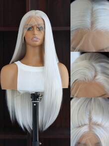 SALLYWELL 13*4 Lace Front Wig, Silver Gray Long Straight Synthetic Wig For Women - 銀色 - 查看 2