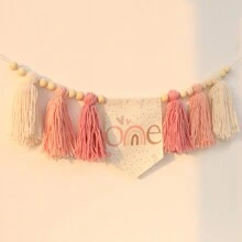 1 Estandarte Feito à Mão em Estilo Boêmio com Borlas Arco-Íris Rosa, Adequado para Decoração de Festa de Aniversário, Decoração de Cadeira Alta, Decoração de Quarto