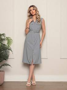 ONLYONE - ELEGANT WOMEN'S MIDI DRESS WITH V-NECK TANK TOP WITH POCKETS AND BELT MADE IN TACTEL TWILL - WOMEN'S DRESSES - Gris - Ver 1