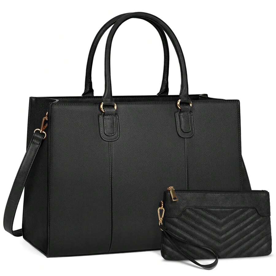 Laptop Bag For Women 15.6 Inch Work Tote Bags Leather Computer Bag With Clutch Purse Professional Office Briefcase Waterproof Handbag Shoulder Bag For Business Travel College - 黑色 - 查看 1