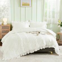 3 Pieces Beige Textured Comforter Set Queen King,Ruffle Farmhouse Shabby Chic Comforter For Queen Bed,Soft Seersucker Boho Bedding Set With 1 Ruffle Comforter,2 Tufted Pillowcases