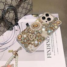Funda de teléfono con diamantes y perlas de 15 mm para iPhone 16, con flores de perlas y cristales, un regalo lujoso y luminoso para familia, amigos, niños, cumpleaños, primavera, vacaciones y Pascua