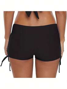 Women's Summer Flat Angle Swimming Trunks, High Waisted, Solid Color, With Straps On Both Sides, Providing Sufficient Coverage Without Loosening Or Slipping. Highly Elastic, Soft, Comfortable, Breathable, And Skin Friendly. Suitable For Surfing, Swimming, Beach Activities, Yoga, Fitness, Running, Etc. - 黑色 - 查看 3
