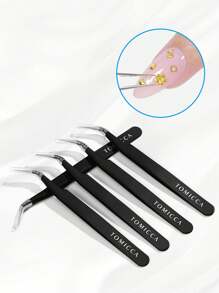 1 pièce/3 pièces/5 pièces Pince à ongles noire incurvée avec barre de pressage en silicone, outil de prise de strass pour ongles, pour le nail art, la presse à fleurs, le collage de stickers à ongles
