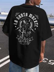 PAYEAH La Santa Muerte Bumper Graphic Letter Print Comfortable And Soft Tee Shirt, Tees For Men, Casual Short Sleeve T-Shirt For Summer (220g Heavy Cotton Payeah Tee)