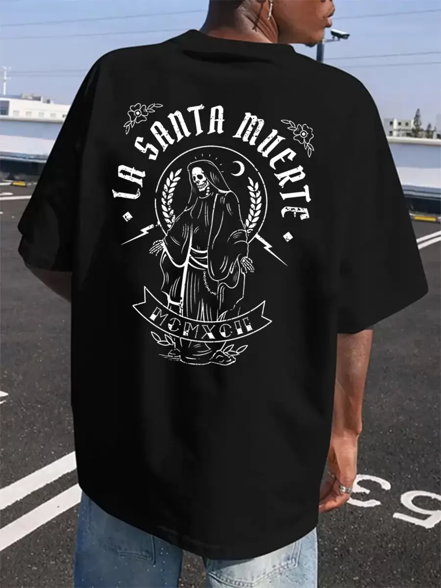 PAYEAH La Santa Muerte Bumper Graphic Letter Print Comfortable And Soft Tee Shirt, Tees For Men, Casual Short Sleeve T-Shirt For Summer (220g Heavy Cotton Payeah Tee)