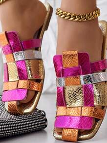Vrouwen Kleurrijke Geweven Pantoffels Sandalen, Platte Bodem Zomer Pantoffels Met Gestructureerde Band, Casual Vierkante Neus Schoenen, Geschikt Voor Strand En Buitengebruik