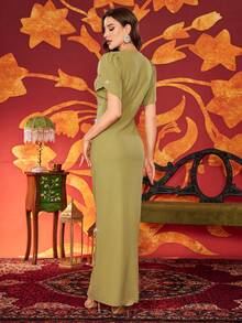 Women's Full Rhinestone Embellished Crisscross Neckline Elegant Formal Dress - Green - View 2